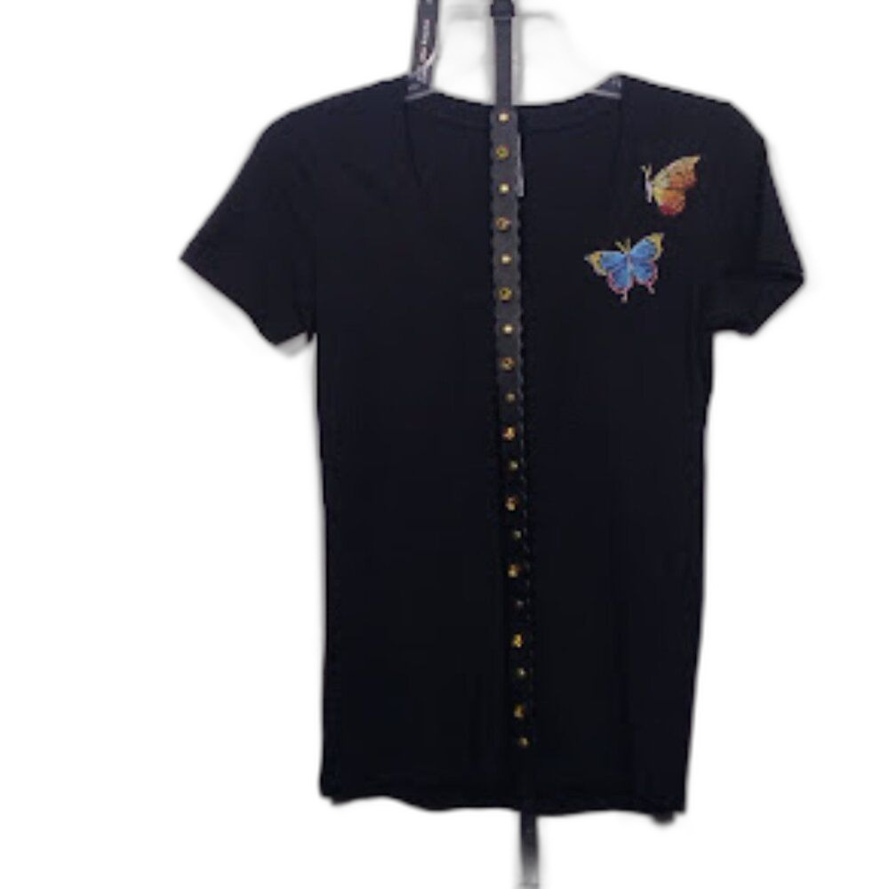 Heritage Y2K Butterfly Black V Neck Tee Size: M JR & a Beaded Leather Belt NWT